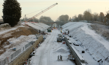 Platform foundations being laid in the snow at Winslow station as part of the East West Rail project.jpg
